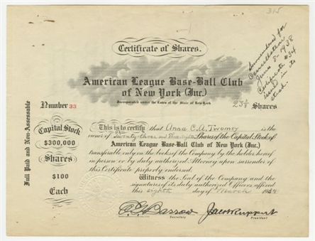 1934 American League New York Yankees Stock Certificate Signed by Ed Barrow (Hof 1953) and Jacob Ruppert (HOF 2013)
